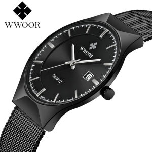 WWOOR Silver Men Watches with Mesh Steel Top Brand Luxury Ultra Thin Quartz Waterproof Date Business Wristwatch Clock