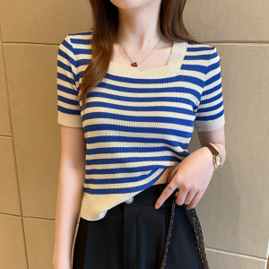 Striped Knitted Blouse Plus Size Womens Summer Ice Silk All-match Square Neck Short-sleeved T-shirt