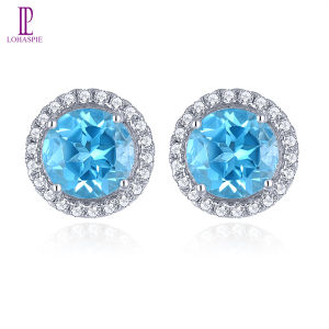 Lohaspie Đồ Trang Sức Bất 2 Carats hạt bông tai Bạc 925 Ban Đầu Bán Tự Nhiên đá topaz xanh Thụy Sĩ hạt bông tai cắt tròn Đá Quý Topaz Bông Tai Cho trang sức nữ Birthstone Bông Tai