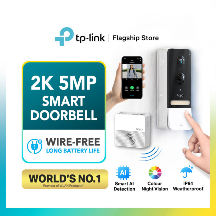 TP-Link Tapo 2K 5MP Color Night Vision Smart Wireless Battery Video Doorbell Head To Toe View Ip64 Weatherproof D230s1 I.151338479