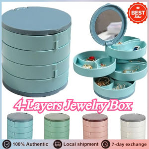 4 Layer 360 Degree Rotatable Jewelry Storage Box with Mirror Mini Multi-Layer Earring Storage Holder Dust-proof Jewelry Box with Mirror