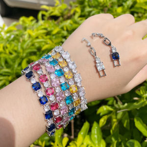 SEQUITO 2024 New Fashion Silver Color Tennis Bracelet Setting Square Yellow Red Blue AAA CZ Women High Quality Jewelry for Prom Party (Free Extended Clasp) B128