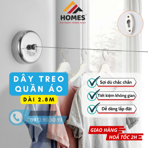 Dây Phơi Quần Áo Tiện Lợi Cao Cấp Dài 2.8 Mét Có Thể Rút Gọn Dễ Dàng Lắp Đặt