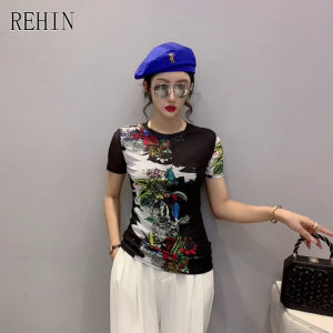 REHIN Womens top Summer fashion mesh graphics print short sleeve T-shirt round neck slim and thin tide tops