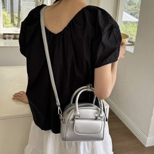 R3LRW0X PU Leather PU Bowling Bag Shoulder Bag Makeup Bag Silver Handbag Elegant Solid Color Boston Bag Travel