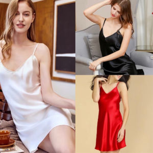 🎀 SIS Womens Dress Summer Casual Plain Silk Dress Satin Nightdress Pajama NightWear