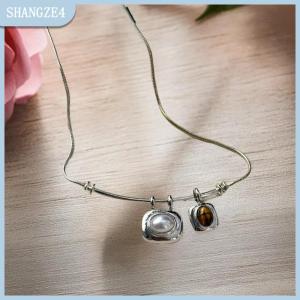 【SHANGZE4】 Hàn Quốc Thời Trang Cổ Điển Hình Học Tigereye Đá Ngọc Trai Mặt Dây Chuyền Bạc Màu Rắn Chuỗi Choker Dây Chuyền Cho Phụ Nữ Hợp Thời Trang Đồ Trang Sức