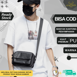 tas selempang kulit pria waterproof model terbaru warna hitam berkualitas / tas slempang kulit cowok distro trendi anti air motif simpel tas kecil kulit pria keren B09