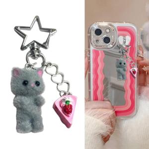 Delicate Flocking Cat Keyring Cake Charm Soft Plush Ornament Cute Decorative Key Pendant Adornment For Bags And Keys