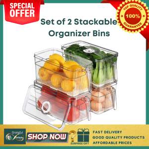 GRATEFUL INFINITY.  Set of 2 Stackable Refrigerator Organizer Bins with Front Handle and Drain Tray BPA-FREE Clear Plastic Storage Bins for Kitchen Pantry Refrigerator