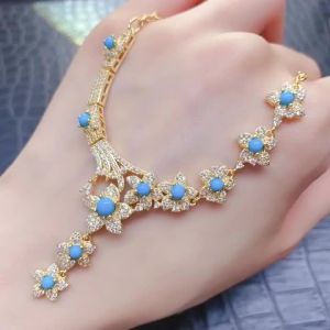 Natural Turquoise Statement Necklace Gold Plated S925 Silver Inlaid 3mm Round Main Stones Full Zircon Flower Design Elegant