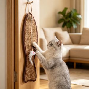 Garneck Tấm Cào Móng Mèo Treo Cửa: Tấm Cào Móng Hình Cá Bằng Sisal với Dây Thừng & Đồ Chơi Chuột Lông Vũ dành cho Mèo Trong Nhà Thảm Cào Móng Treo Tường Thảm Sàn Ghế Sofa Chăm Sóc Móng Mèo Con Đồ Chơi Cho Mèo Con