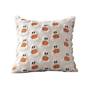 Embroidered Ghostly Pumpkin Cushion Cover 18x18Inch Soft Faux Furs Pillow Case Halloween Decors For Living Room Bed Sofa