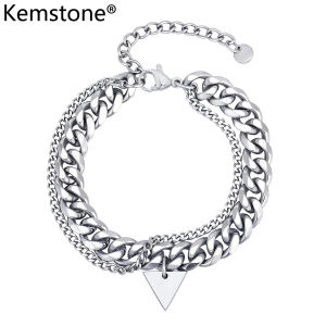 Kemstone Stainless Steel Double Layer Matte Chain Triangle Cuff Bracelet for Men Hip Hop Jewelry Trendy Accessory