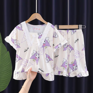ชุดนอนแขนสั้น ลายการ์ตูน Kuromi สําหรับเด็กผู้หญิง Cartoon Short Sleeve Pajamas Set for Girls【Little Lion】