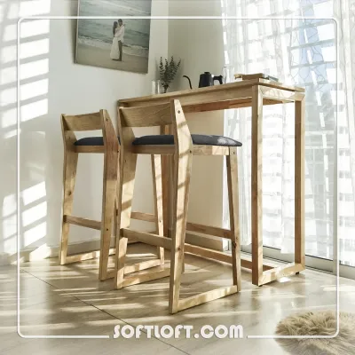 Softloft (1+2) Zen Bar Table 105CM + 2 Samp Stool Counter Set Solid Rubber Wood Simple Tall High Desk Island With Chair Scandinavian