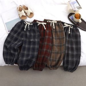 1-12Y Childrens Pants 2026 Autumn Winter New Red Grid Boys and Girls Baby Korean High Elastic Sports Pant Kids Lantern Pants