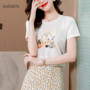 AMMIN  summer new deer print t-shirt womens Korean style short sleeve loose white round neck pure cotton elegant blouse female ins tops