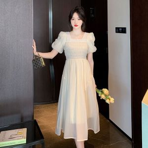 ELF TRIBE Pháp cổ vuông ống tay phồng ăn mặc phụ nữ xếp li Corset giữa Chiều dài xòe rộng Ăn mặc