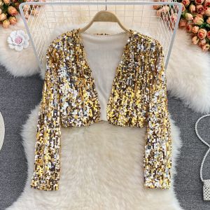 glitz Top V neck party outfit for women Glitter Long Sleeve Cardigan sparkling clothes black gold silver㏇X0408