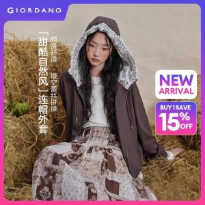 Giordano Women Loose lace paneled hooded jacket Free Shipping 18376609