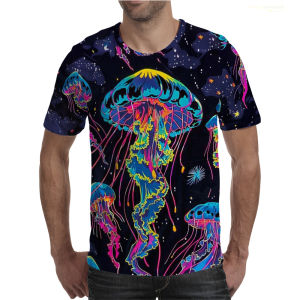 [Local Stock] HBESTY Halloween Christmas Trendy Neon Jellyfish Men’s T-Shirt 3D Printed High Quality Short Sleeve Tops Cartoon Casual Hip Hop Fashion Man T Shirts