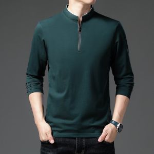 Mens POLO Shirt Long Sleeve Shirt T-Shirt Mens Stand Collar Zip Long Sleeve T-Shirt Slim Top