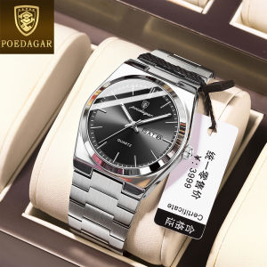 นาฬิกา POEDAGAR สำหรับผู้ชายของแท้กันน้ำ2025แฟชั่นใหม่นาฬิกาลำลองควอตซ์สแตนเลสสตีลธรรมดาปฏิทินคู่เรืองแสง