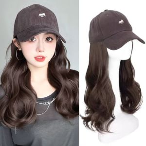 LFPLYQ One-piece Baseball Cap with Wig Korean Style Curly Hairpiece Long Straight Wavy Hair Fashion Sun Cap Adjustable Hat Wig Women