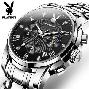 PLAYBOY Watch For Men Waterproof Original Luxury Multifunction Chronograph Luminous Calendar Quartz Movement Genuine Watch