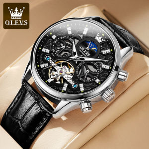 OLEVS watch for mens original mechanical 2024 new luxury fashion rose gold mechanical mens watch waterproof dual calendar luminous hollow multi function dial business leather Men Casual Watches