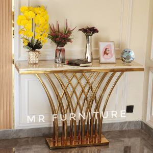 Meja Konsul Stainless Gold Top Marmer Krem