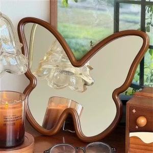 Sacesr Butterfly Folding Mirror Aesthetics Cute Dressing Table Mirror Wood Portable Womens Makeup Mirrors Home Bedroom Desk Decor T6H1N