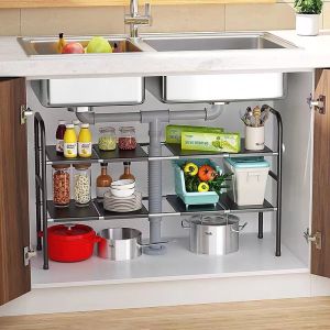 Under Sink Kitchen Rack Expandable Cabinet Shelf Organizer Rack with Removable Panels for Kitchen Bathroom Storage Black