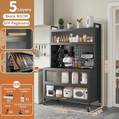 BMZAR 5-6Layers Kitchen Storage Cabinet Sideboard Cupboard Microwave Stand Cabon Steel Organizer With Pegboard Organizer & Wheelr