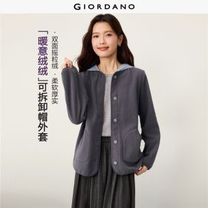 GIORDANO Women Jackets Fake Two-Piece Polar Fleece Hooded Jackets Button Closure Fashionable Casual Relaxed Jackets 13376965
