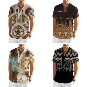 2025 Filipino Ethnic Style/tribal Stand-up Collar Short-sleeved Tops Breathable Quick-drying Comfortable Fabric Clothes Loose Casual Oversized Bohemian Shirt for Men