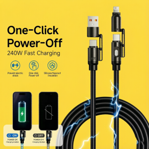 KEBIDUMEI 240W Fast Charging Cable 4-in-1 Safety Switch with Lightning USB-A Type-C & Phone Tablet Adapter Fireproof Wire One-Click Power Off Switch