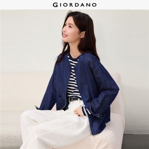 GIORDANO Women Jackets Double Pockets Washed Denim Jackets Round Neck Zip Front Fashionable Casual Loose Jackets 13376701