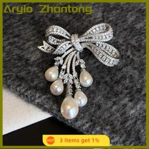 Aryio Luxury Zircon Pearl Bowknot Tassel Fashion Brooch Pins For Women Creative Handmade Suit Corsage Pins Clothing Accessories Gifts