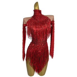Womens Red Latin Dance Leotard Pole Dance Performance Costume Sequins Tassel Spandex Bodysuit Birthday Cocktail Party Dance Bodysuit
