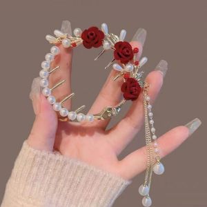 Pearl Rose Flower Hairclip Korean Fashion Tassel Meatball Head Hairpin Hair Accessories for Women Girls