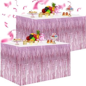 2 Packs Metallic Foil Fringe Table Skirt Pink Tinsel Table Skirt Garland for Rectangle Tables Hotel Floats Mardi Gras Holiday Birthday Wedding New Year Party Decoration (108 X 29 inch)