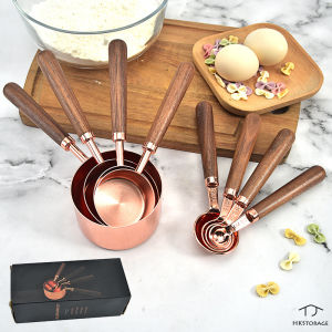 HKStorage Measuring Cups And Measuring Spoon Scoop Set Stainless Steel Rose Gold Wooden Handle Kitchen Measuring Tool For Baking