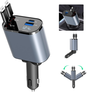 Retractable Car Charger 120W 4 in 1 Fast Charge Car Phone Charger Retractable Cable (80cm) and 2 USB Ports Car Charger Adapter Compatible with iPhone 15/14/13/12 Pro Max XRiPadPixel
