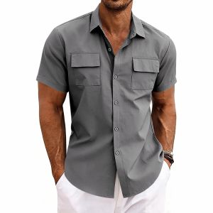 Mens Summer Double Pocket Short Sleeve Work Shirt for Men Stretch Wrinkle-Free Casual Button-Up Shirt (Multiple Colors)2026