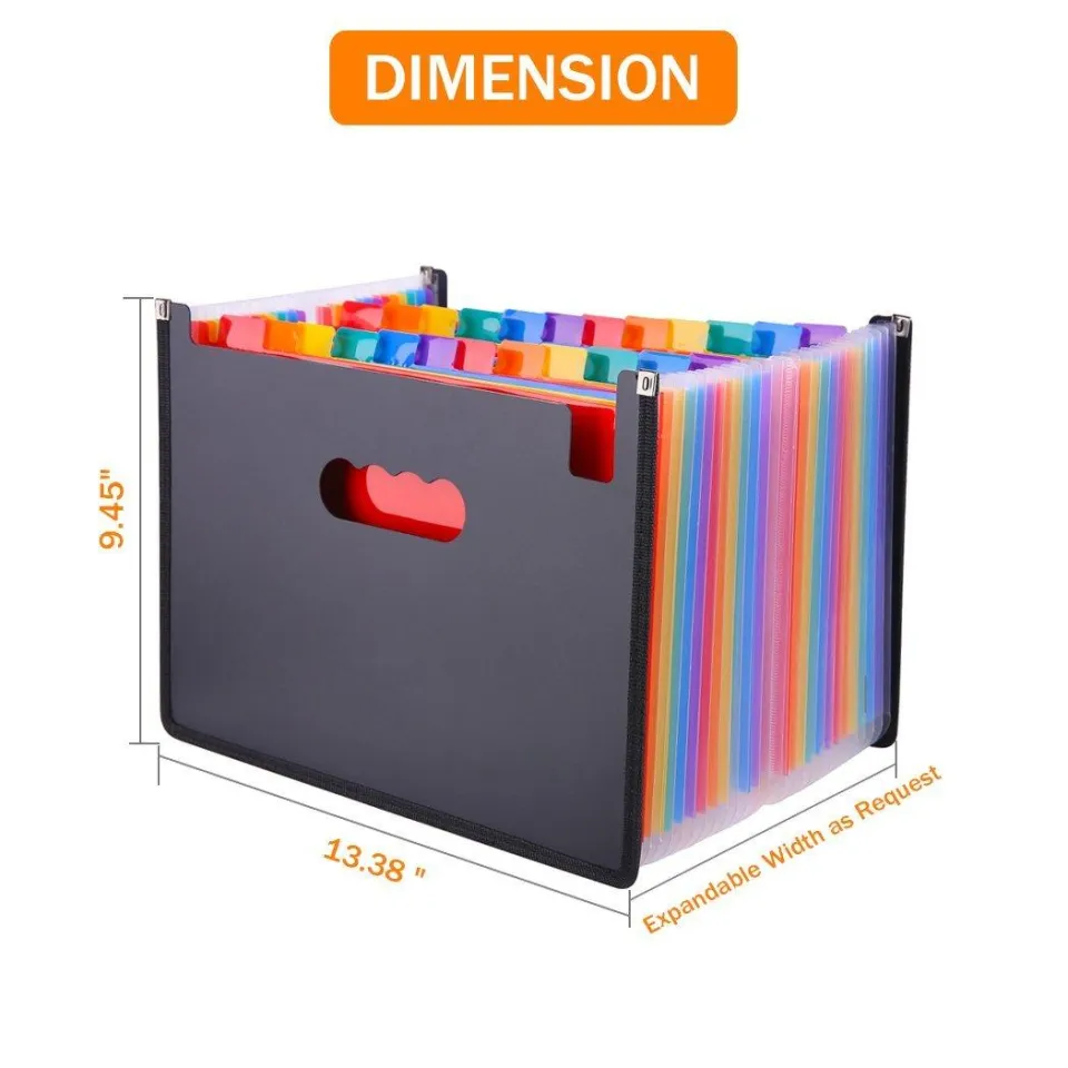 24 Pockets Expanding File Folder/Accordian File Organizer with Expandable  Cover/Portable A4 Letter Size File Box,High Capacity Plastic Colored Paper 