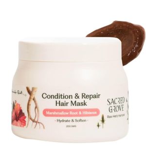 Sacred Grove Condition & Repair Hair Mask for Dry Frizzy Hair | Natural Deep Conditioning Hair Mask for damaged hair with Flaxseed Marshmallow Root & Hibiscus | Herbal Hair Spa | Paraben Sulphate Chemical-Free | 200g
