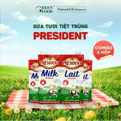 Combo 4 Hộp Sữa Tươi Không Đường President Whole Milk Nguyên Kem Tiệt Trùng 1L - Độ Béo Cao 3.6% Nhập Khẩu Chính Hãng từ Châu Âu