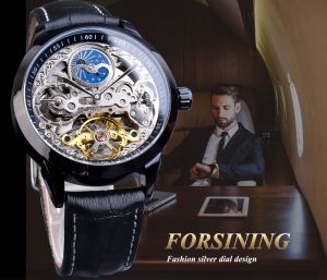 Forsining นาฬิกาผู้ชายแฟชั่นสุดหรูนาฬิกากลไกอัตโนมัติสายหนังสีทองกันน้ําลําลองสําหรับผู้ชายของขวัญของผู้ชาย